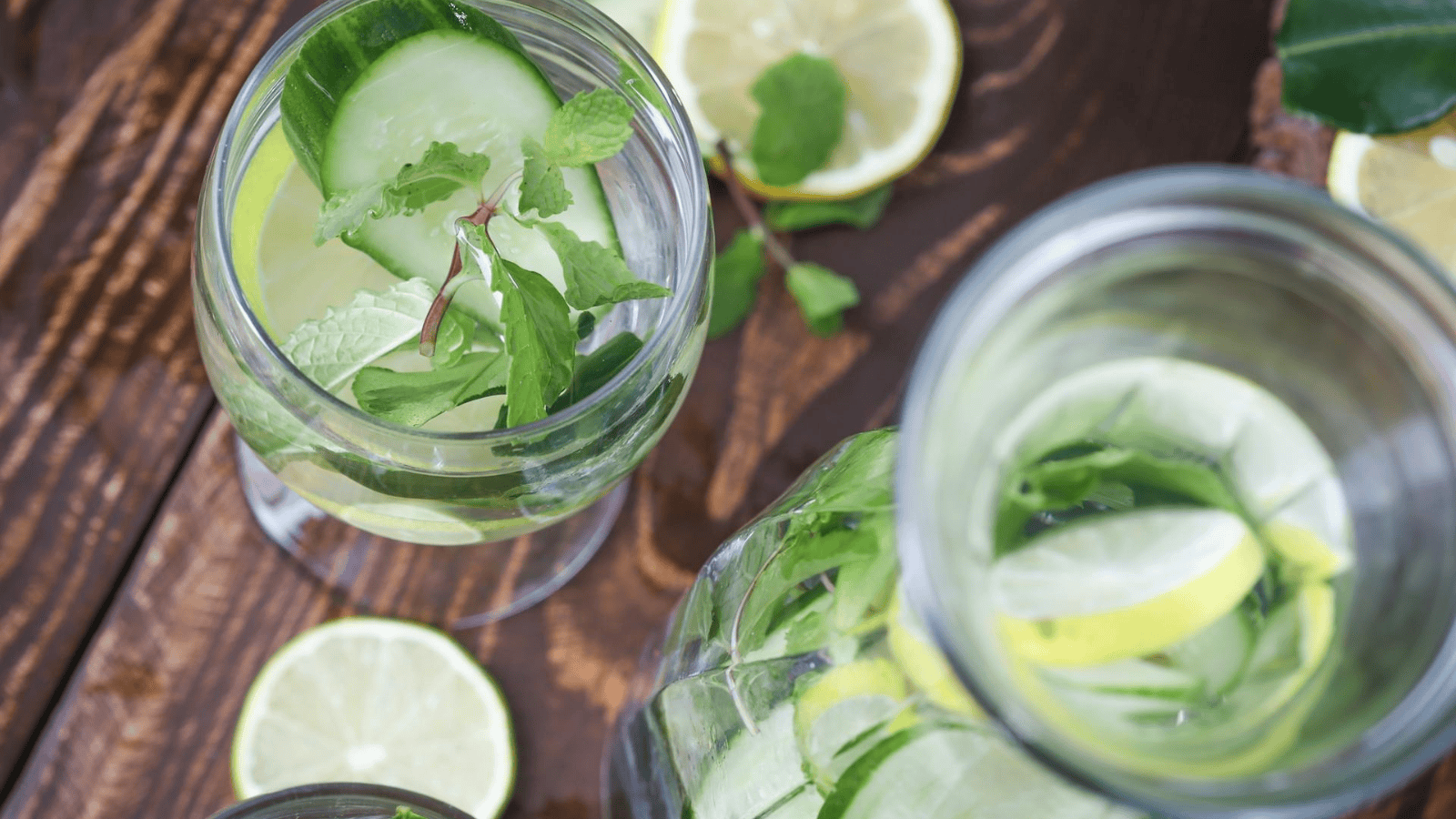 A close-up of a glass and pitcher filled with refreshing infused water, bursting with cucumber slices, lemon slices, and mint leaves on a wooden surface. A few slices of lemon and lime are artfully scattered around the table, perfect for trying out infused water recipes.
