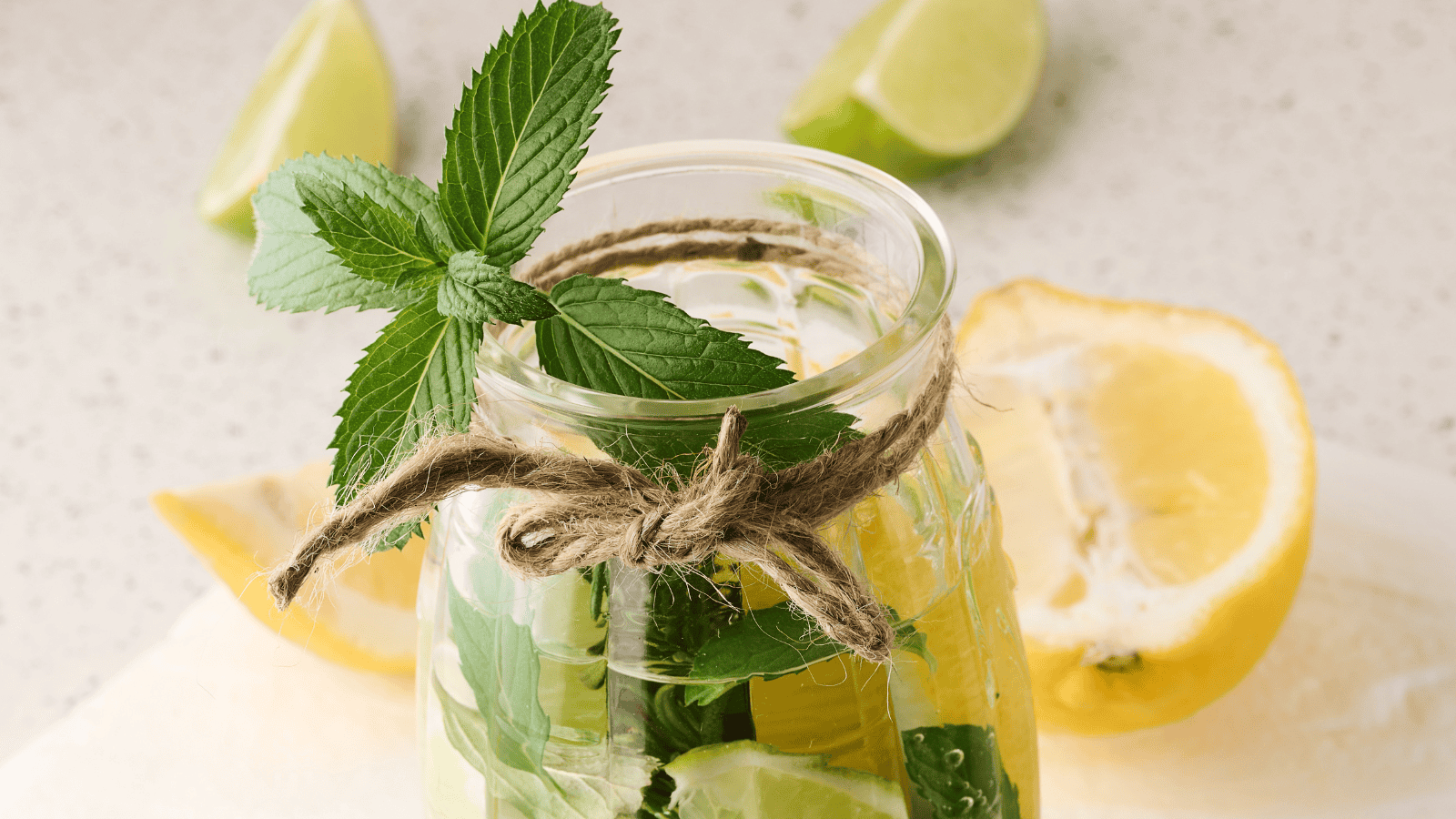 A glass jar filled with a beverage, garnished with fresh mint leaves and a slice of lime. The jar is decorated with a twine bow. Slices of lime and lemon are on the surface around the jar.