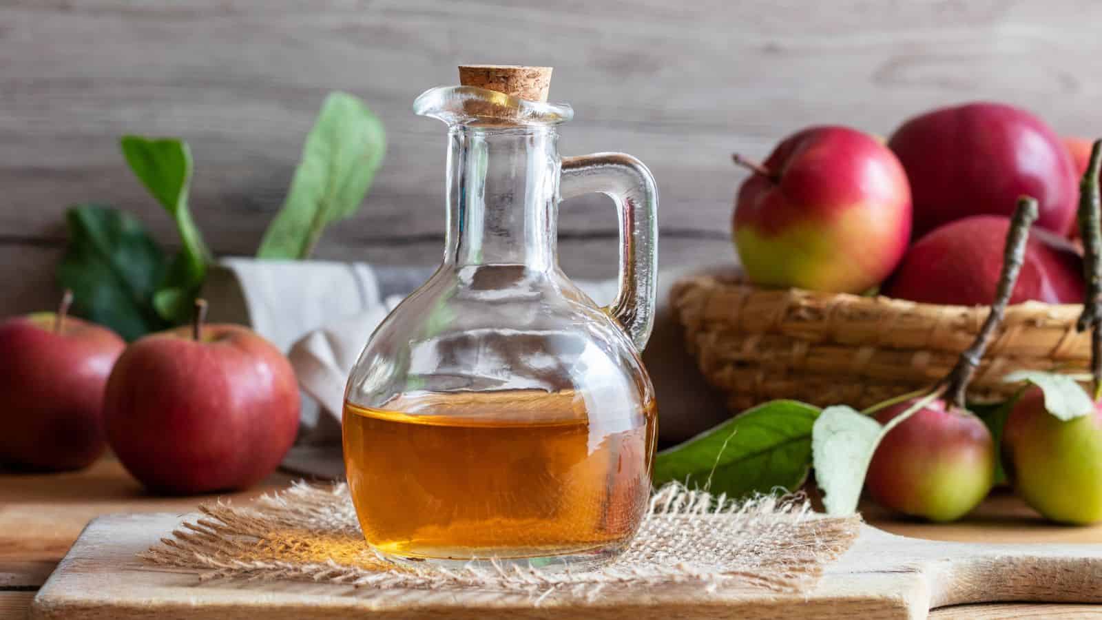 Container of apple cider vinegar with apples in the background
