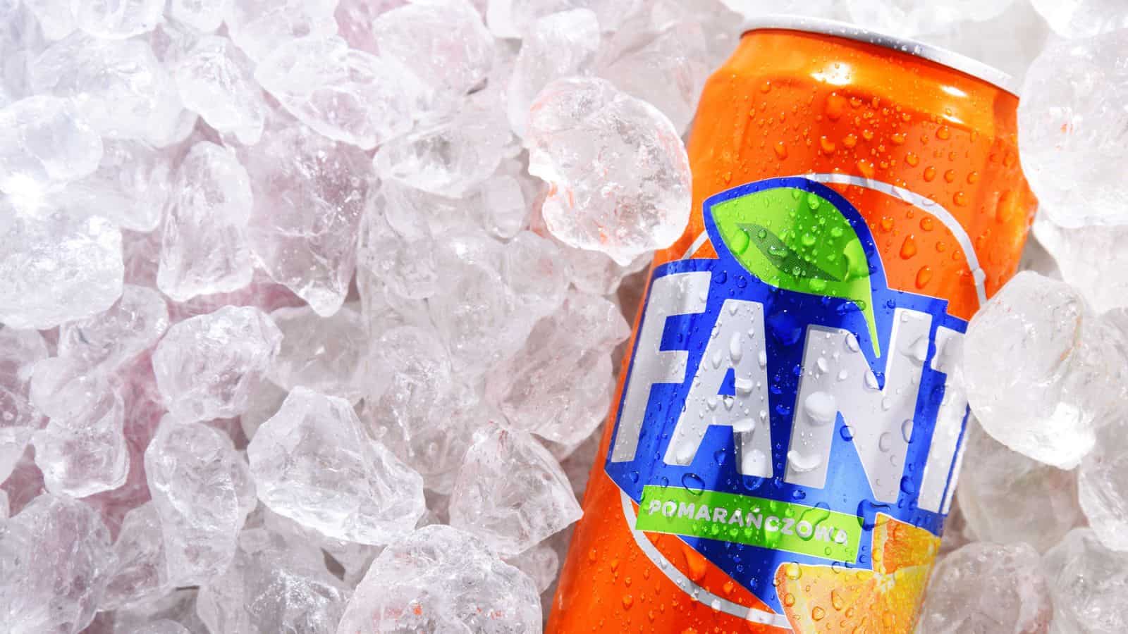 Close-up of a Fanta can on top of ice