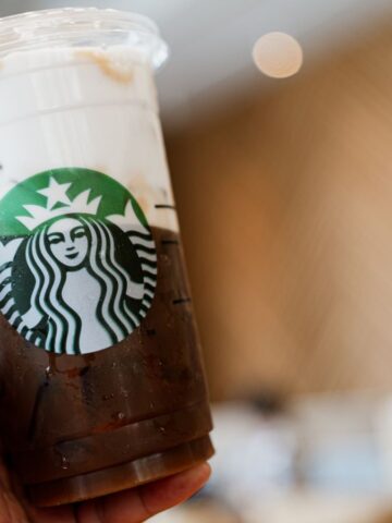 A hand holding a cup of Starbucks coffee