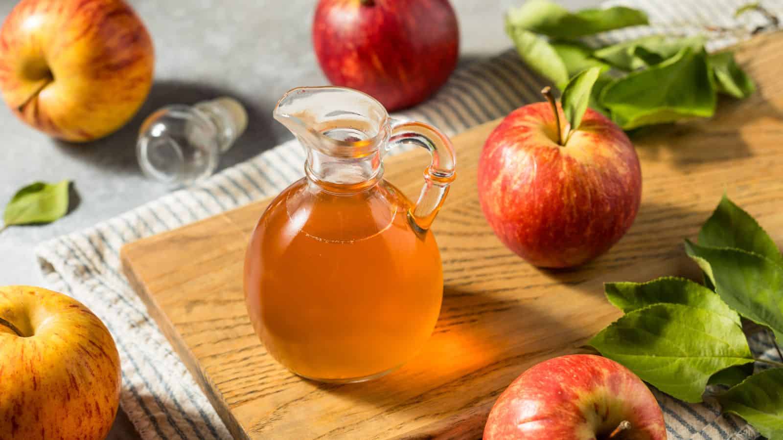 Apple cider vinegar on a chopping board with apples in the background