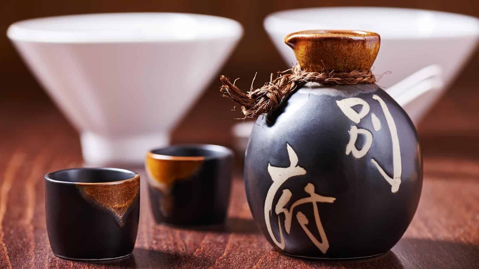 A container with Japanese symbols and two small drinking glasses