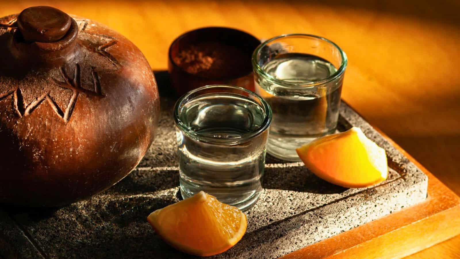 Two shot glasses filled with tequila and two slices of orange on the side