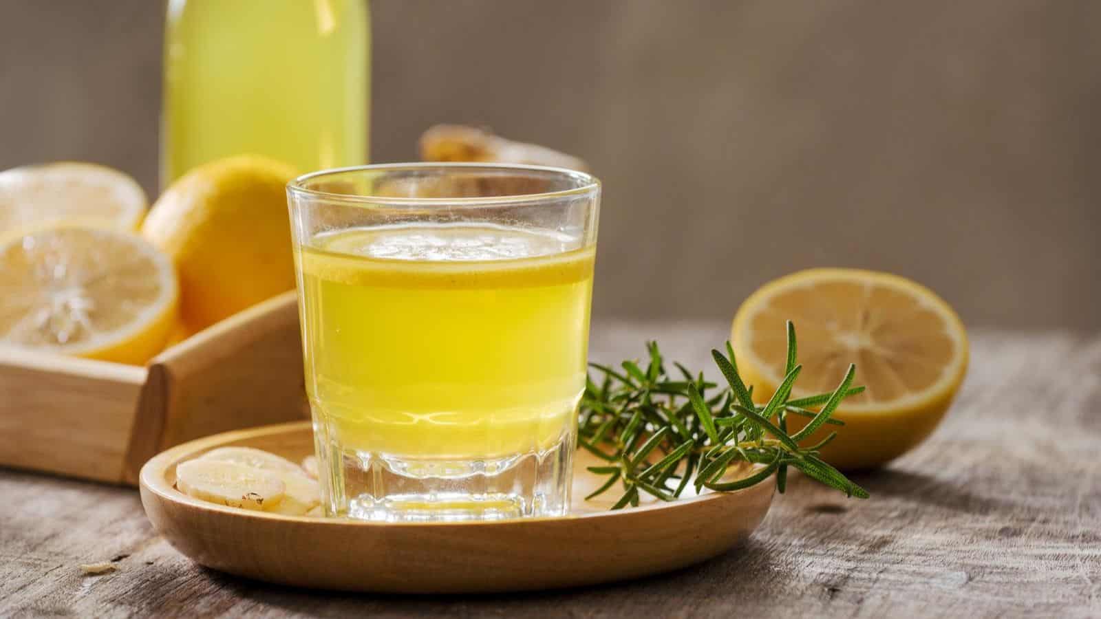 Probiotic soda poured on a glass with lemon and ginger in the background