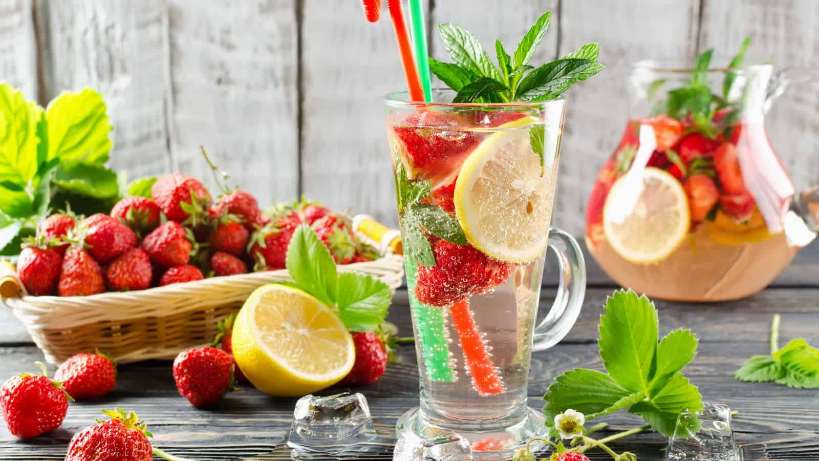 A tall glass of sparkling water infused with fresh fruits and fruits in the background