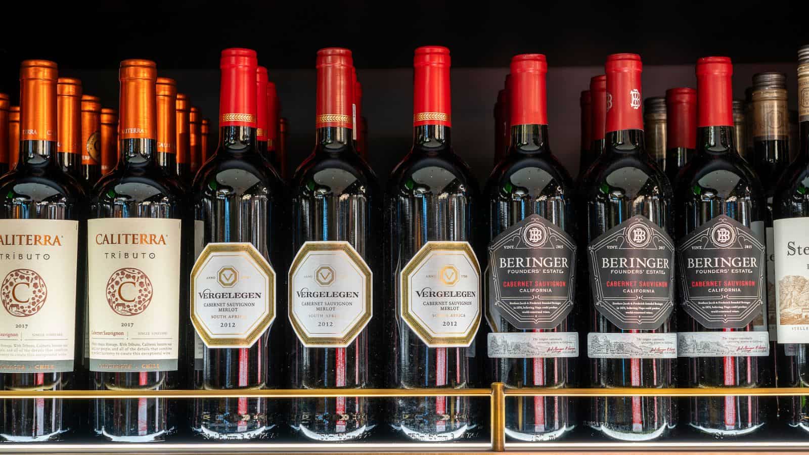 Bottles of various brands of Cabernet Sauvignon