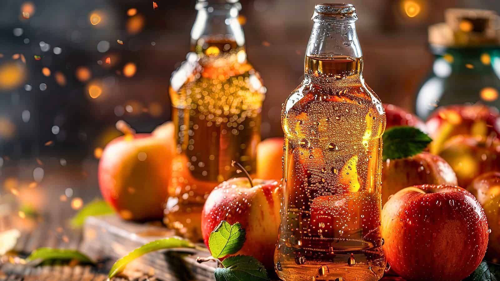 Two bottles of apple cider with condensation droplets are surrounded by fresh apples and leaves. The scene is illuminated with warm light, creating a cozy atmosphere. Small glowing particles are visible in the background, subtly reminding us that even seemingly innocent alcoholic drinks can be bad for your teeth.