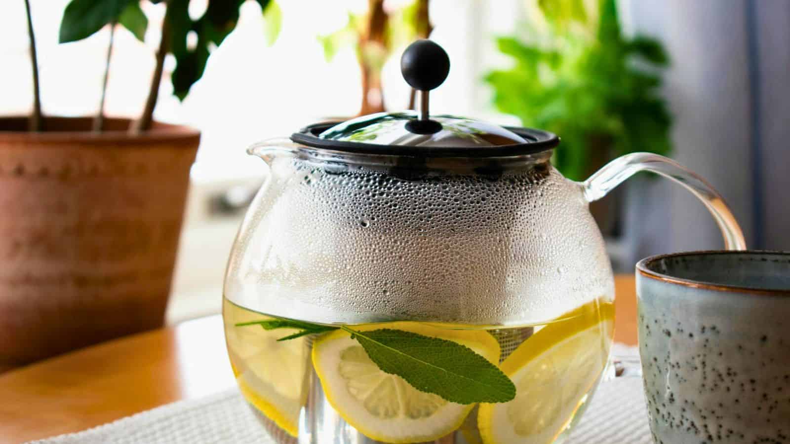 A glass teapot filled with lemon water, lemon slices, and a sprig of sage sits on a table. The teapot is accompanied by a green ceramic mug. There are potted plants and a curtain in the background, suggesting an indoor setting with natural light &ndash; perfect for enjoying lemon water before bed.