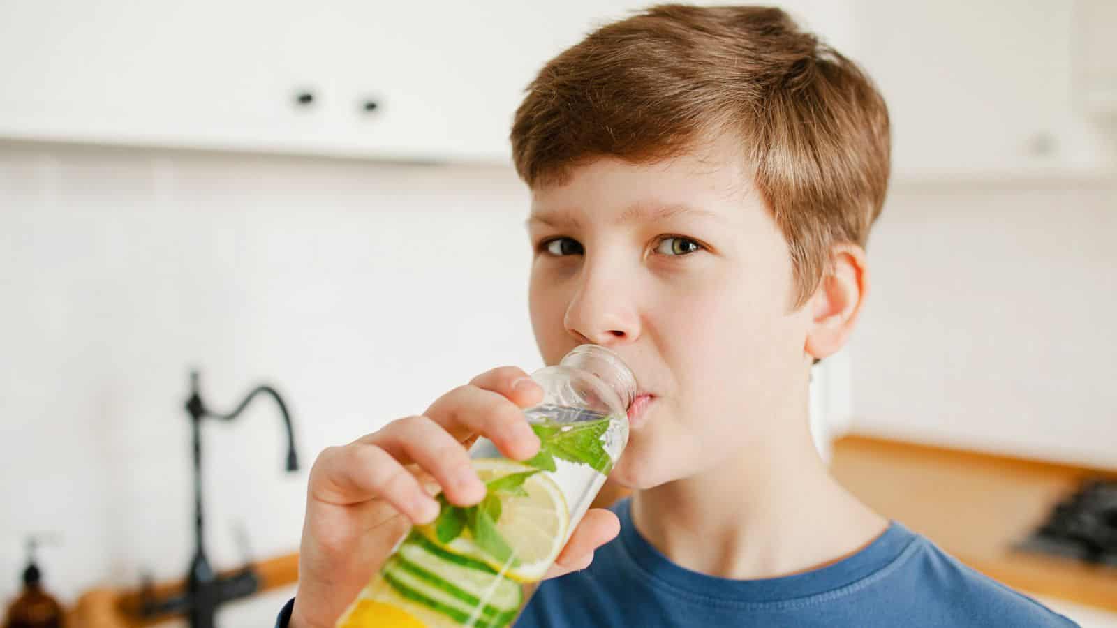 A young boy with short brown hair is in a kitchen, sipping lemon water before bed from a clear bottle containing sliced cucumbers, lemon, and mint leaves. He is wearing a blue shirt and looking directly at the camera. The background shows white cabinetry and a blurred faucet.