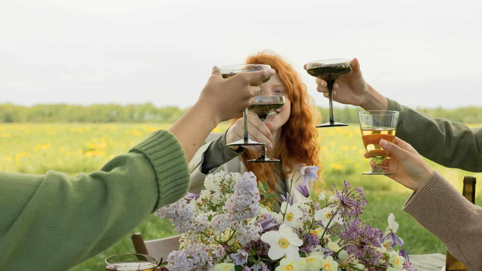 Four people clink glasses in a toast over a table adorned with assorted flowers. A woman with curly red hair and a grey sweater smiles in the background. The setting appears to be an outdoor picnic in a field with green grass and yellow flowers, where everyone respects alcohol rules.
