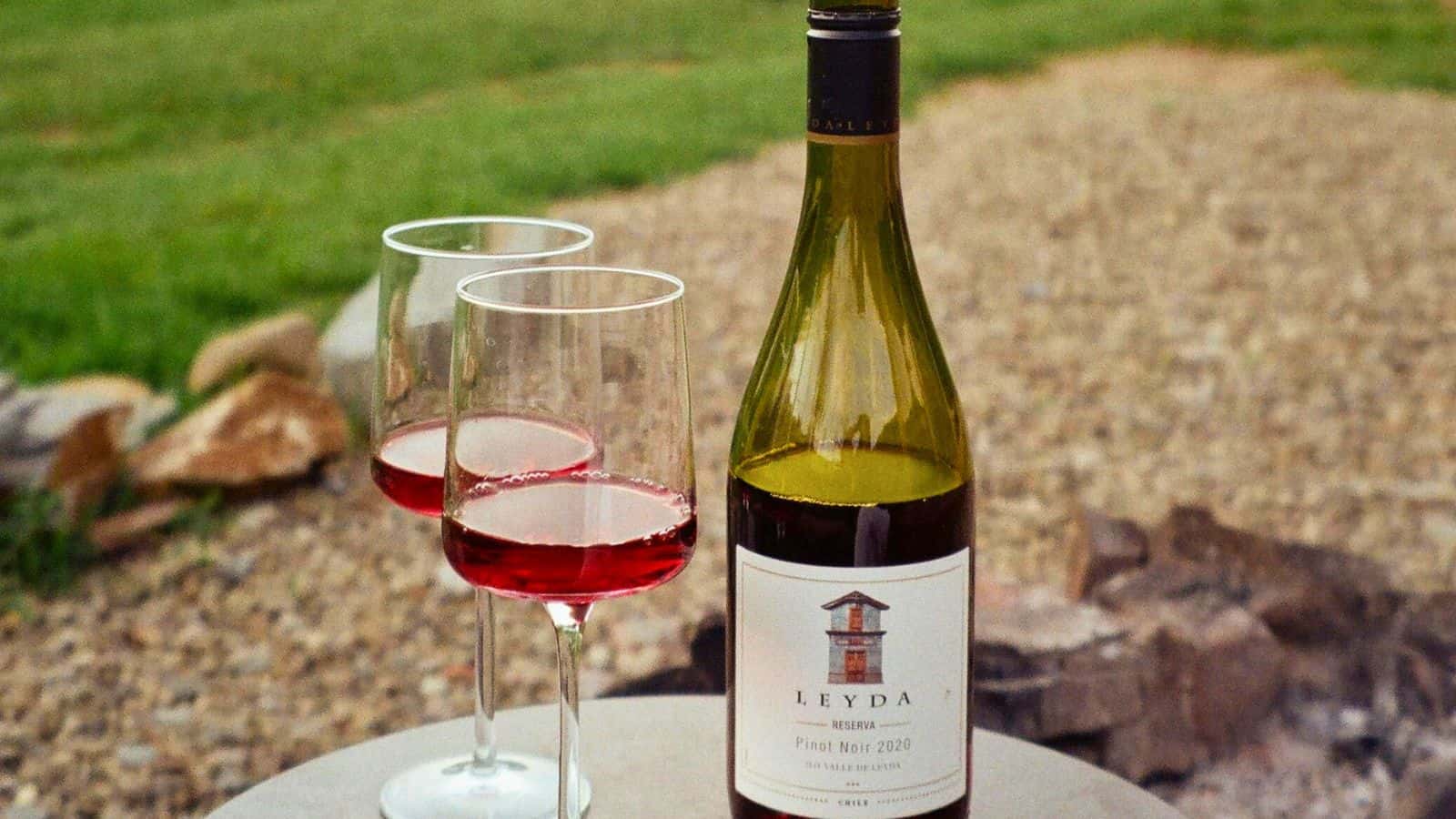 A bottle of Pinot Noir with two wine glasses on the side