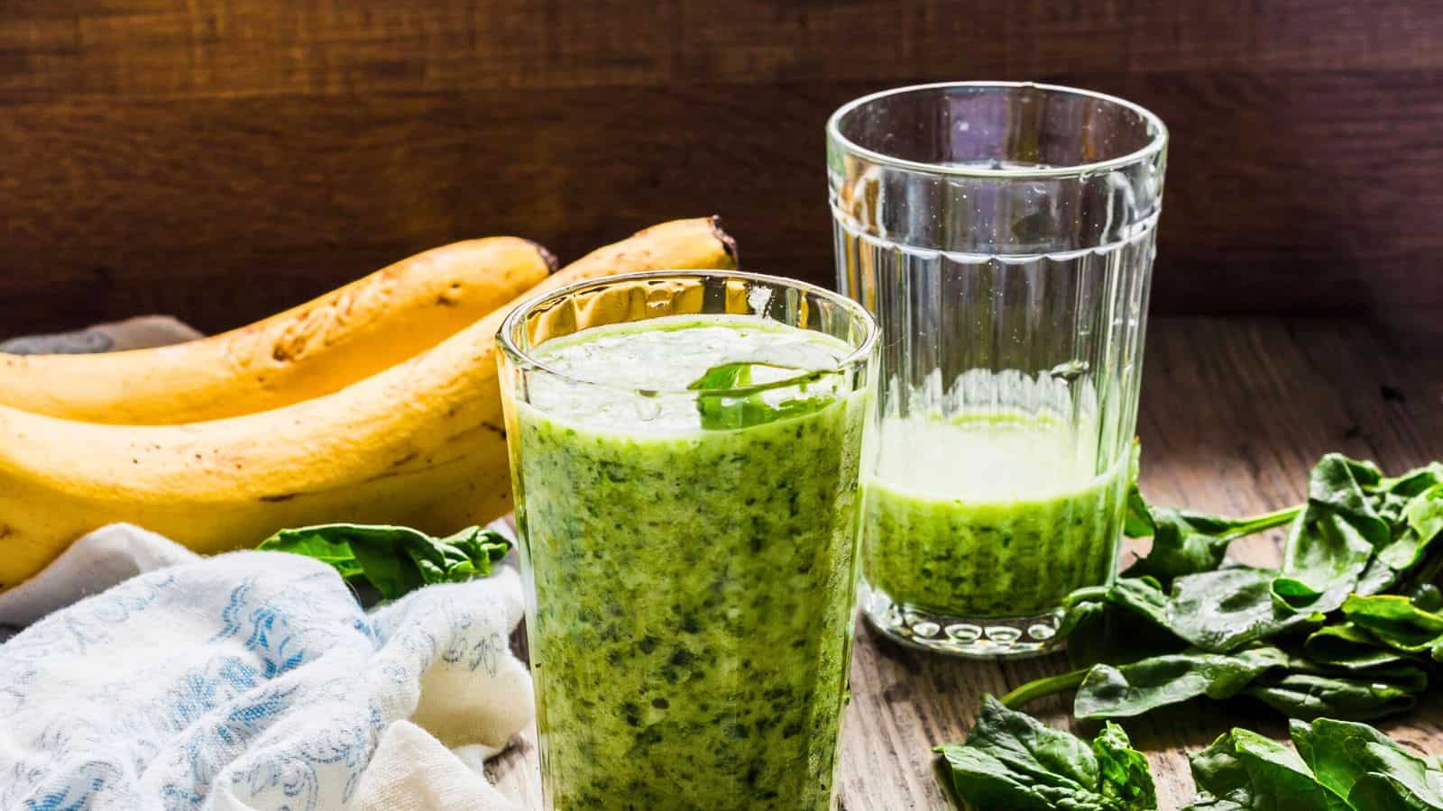 Two glasses of spinach banana smoothie