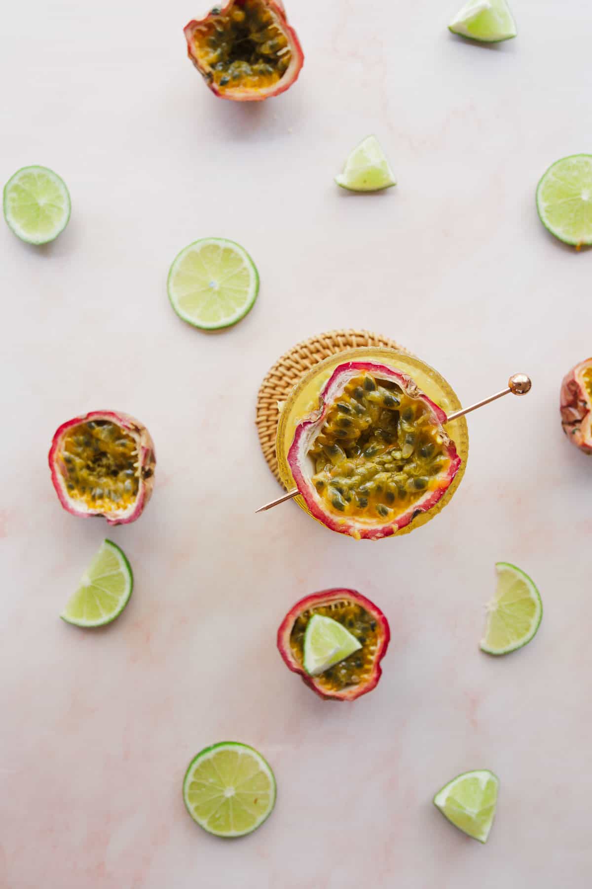 Overhead view of passionfruit mocktail