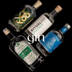 Four bottles of non-alcoholic gin alternatives are arranged on a black background. The bottles have varying label designs, and the word "gin" is prominently overlaid in white text at the center of the image.