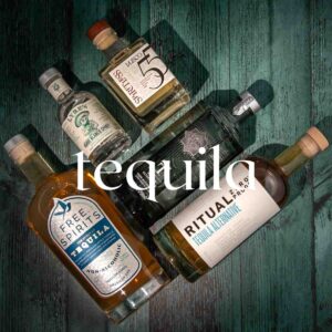 Five bottles of tequila and tequila alternatives arranged on a wooden surface. The word "tequila" is overlaid in white text.