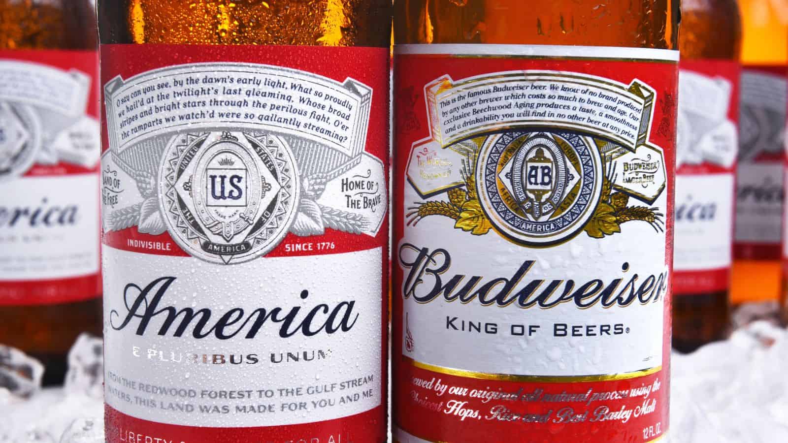 Close-up of two beer bottles with "America" and "Budweiser" labels. The bottles feature patriotic and traditional designs with intricate logos and text. Other bottles are blurred in the background, set on a bed of ice.