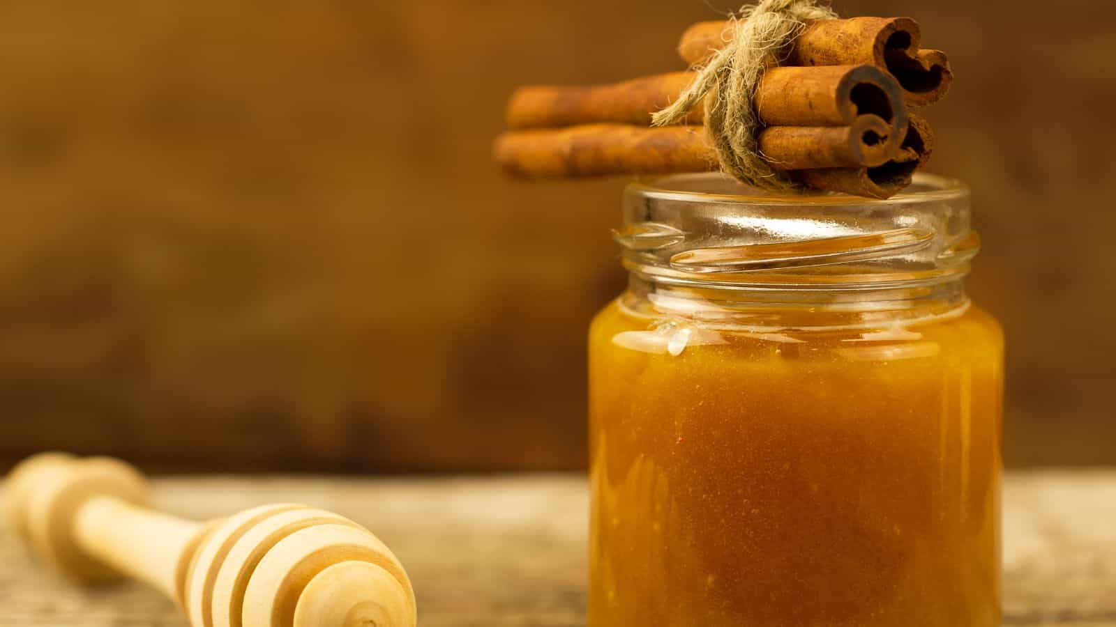 A jar of honey is topped with a bundle of cinnamon sticks tied together. A wooden honey dipper is in the foreground. The background is a warm, blurred brown, creating a rustic look.