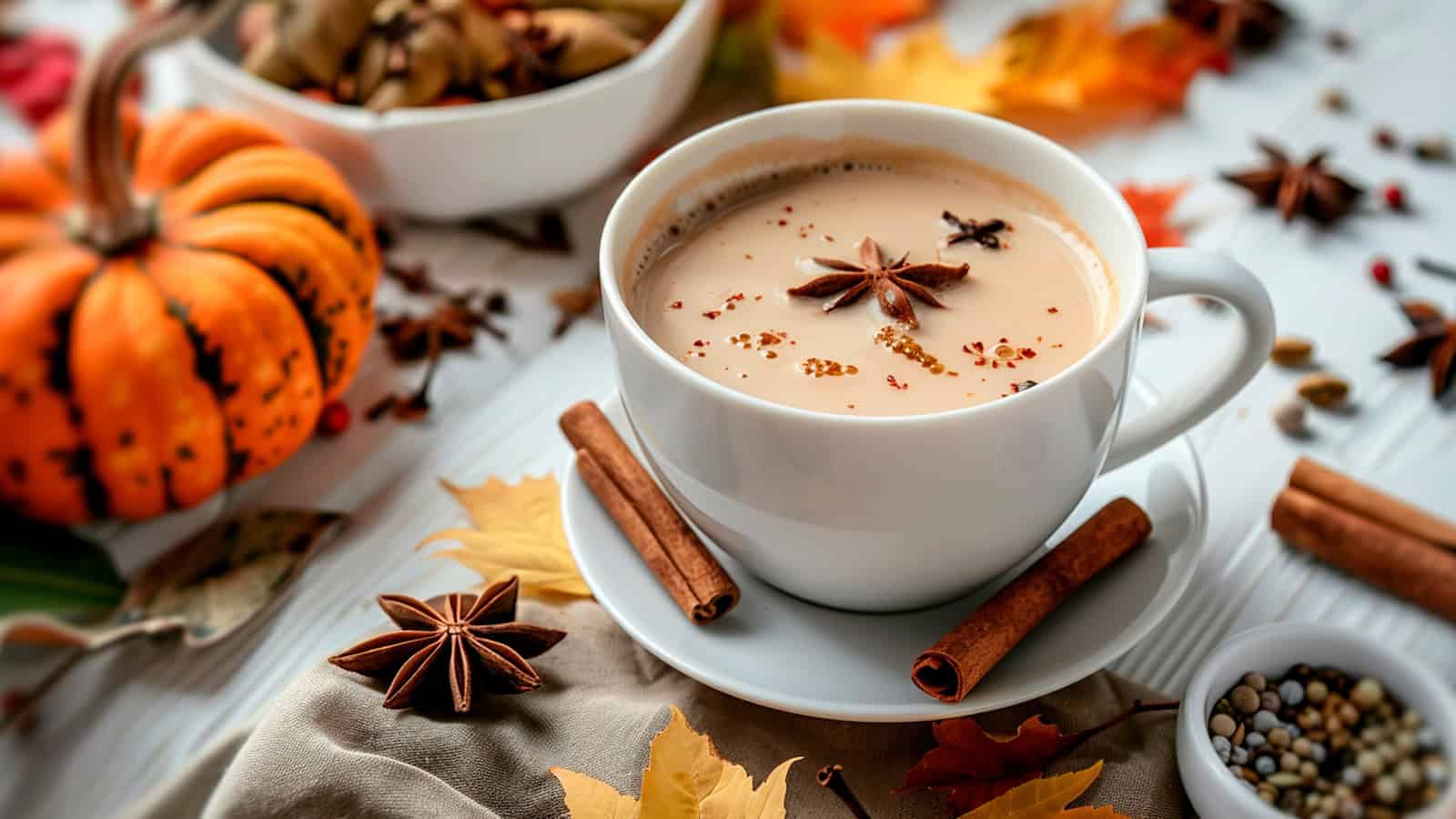 A white cup filled with a creamy beverage, topped with star anise, on a saucer. Surrounded by cinnamon sticks, autumn leaves, spices, and a small decorative pumpkin on a white surface.