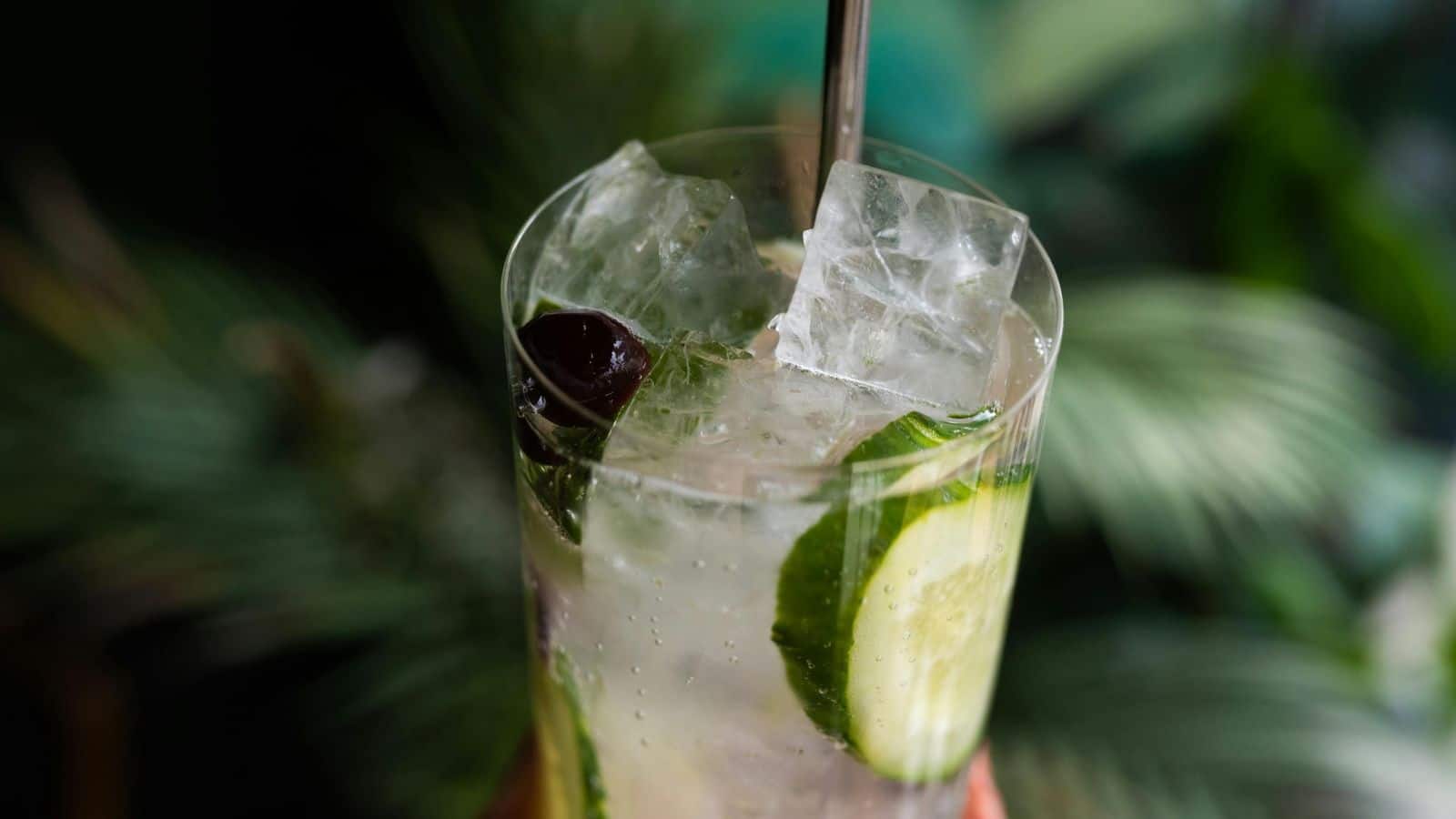 Close-up of a tall glass filled with clear liquid, ice cubes, cucumber slices, and a dark-colored olive. A metal straw is in the glass, with a blurred green leafy background.