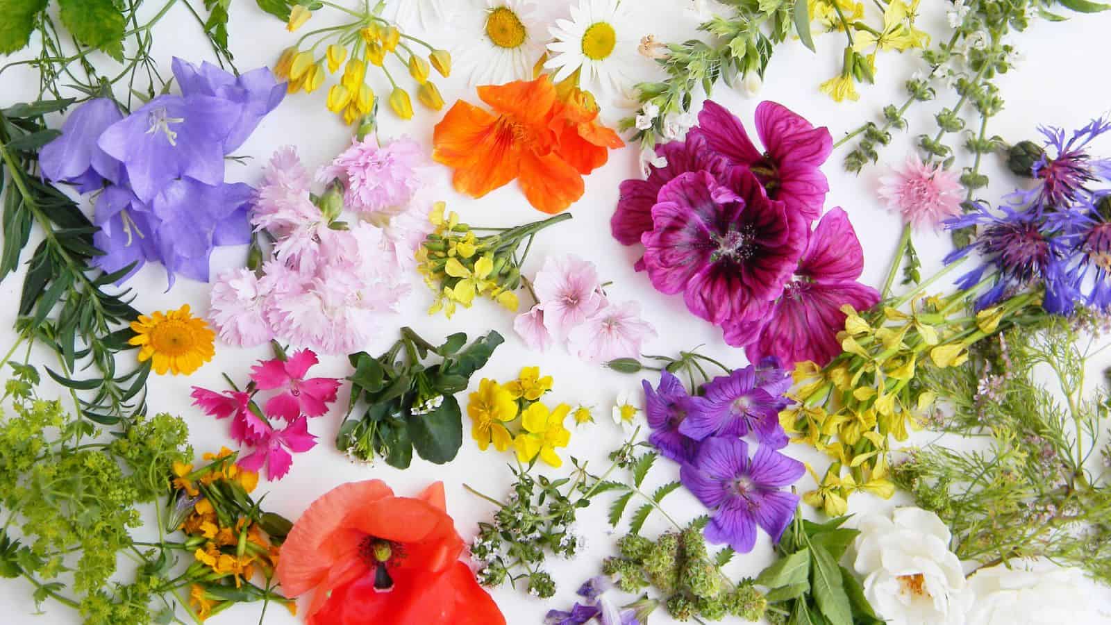 An assortment of various colorful flowers and green foliage is scattered across a white background. The flowers include purple, orange, pink, red, yellow, and white blossoms, creating a vibrant and diverse display.