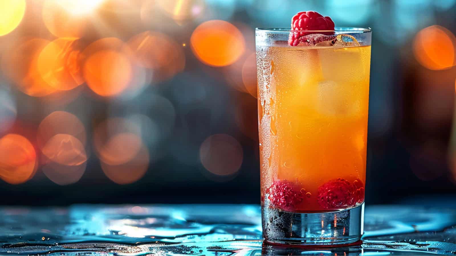 A tall glass filled with an orange-hued cocktail sits on a reflective surface. Ice cubes and fresh raspberries are inside the drink, with more raspberries garnishing the top. Warm, blurred lights create a bokeh effect in the background.