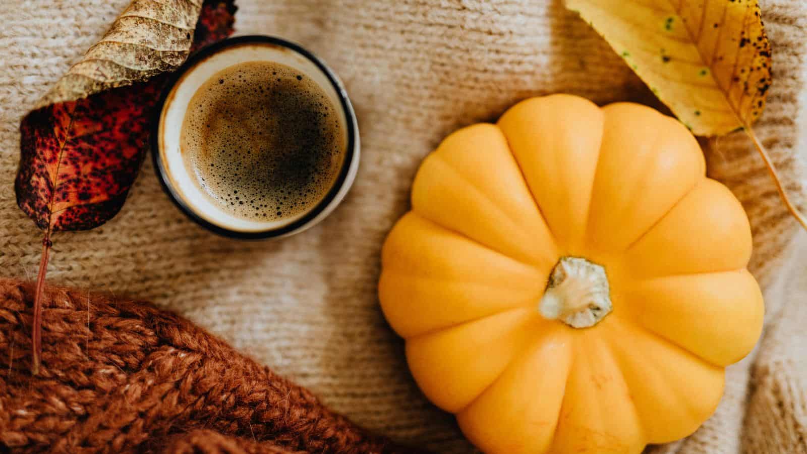 A small pumpkin and a cup of coffee sit on a textured beige fabric. Around them are autumn leaves and a knitted brown garment, creating a cozy and seasonal atmosphere.