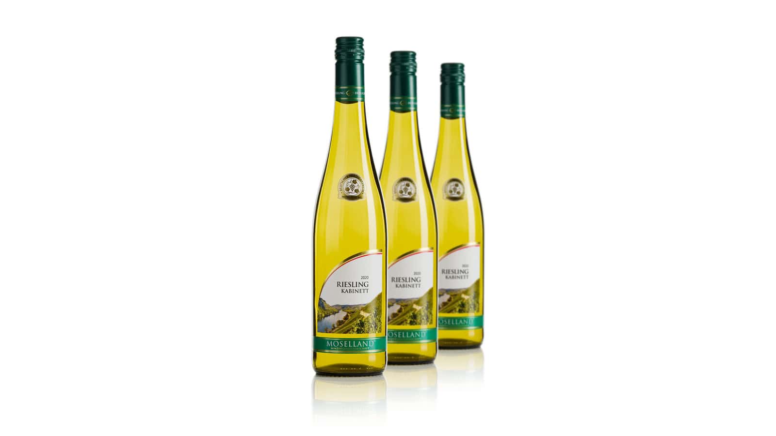 Three bottles of Riesling Kabinett wine, a delightful choice among white wines, stand upright with green caps. The label features a landscape image and reads "Moselland." They are evenly spaced on a reflective surface, highlighting their elegant presentation.