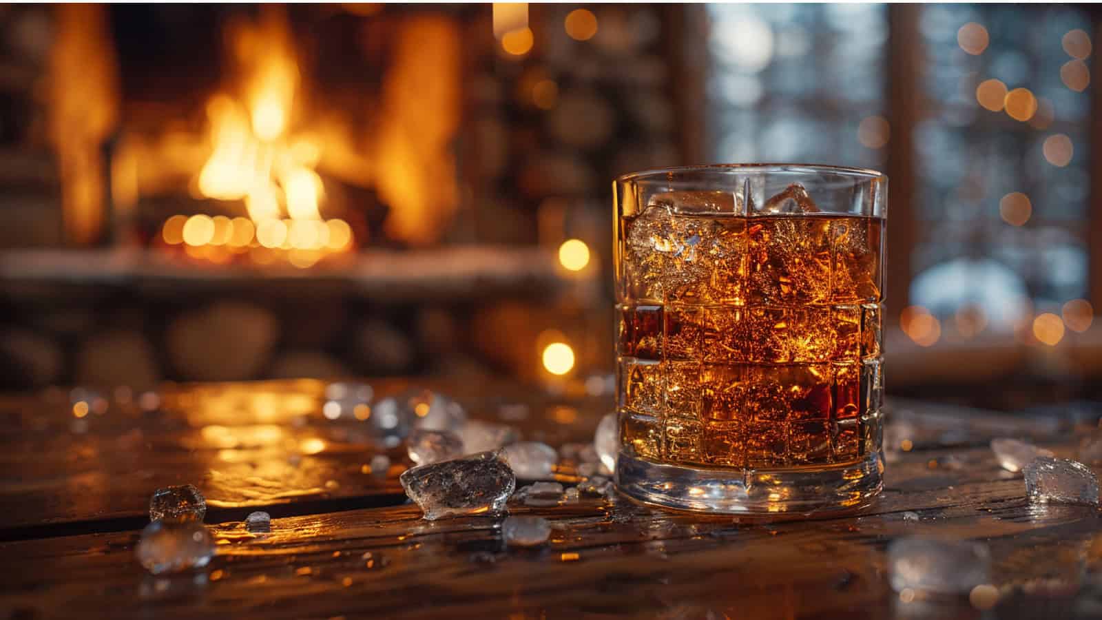 A glass of whiskey with ice sits on a wooden table, surrounded by scattered ice cubes. A warm, glowing fireplace is in the background, creating a cozy ambiance.