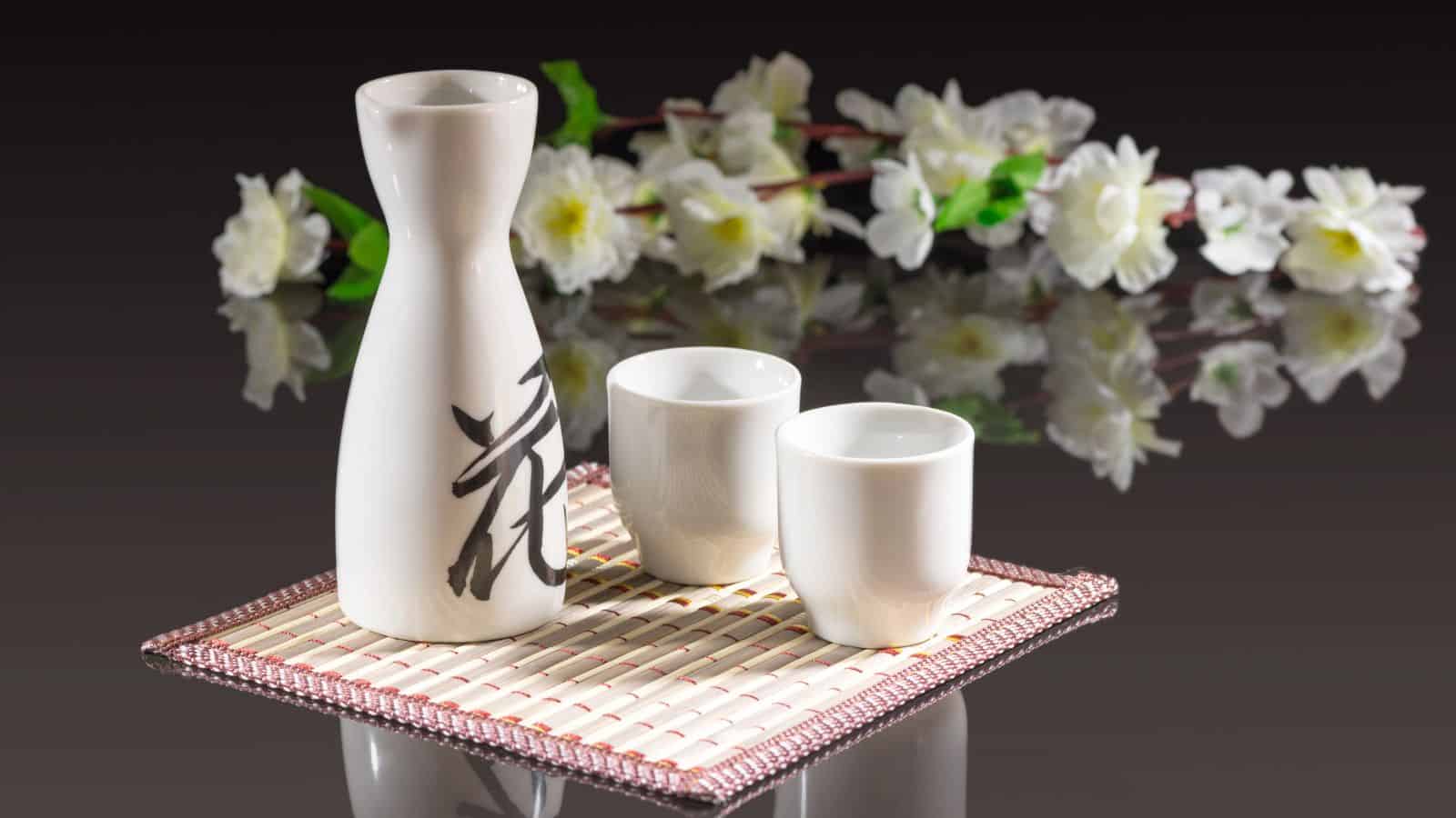 A white sake set with a carafe and two cups sits on a woven mat. The carafe features a black Japanese character on its surface. White flower blossoms are arranged in the background on a reflective surface.