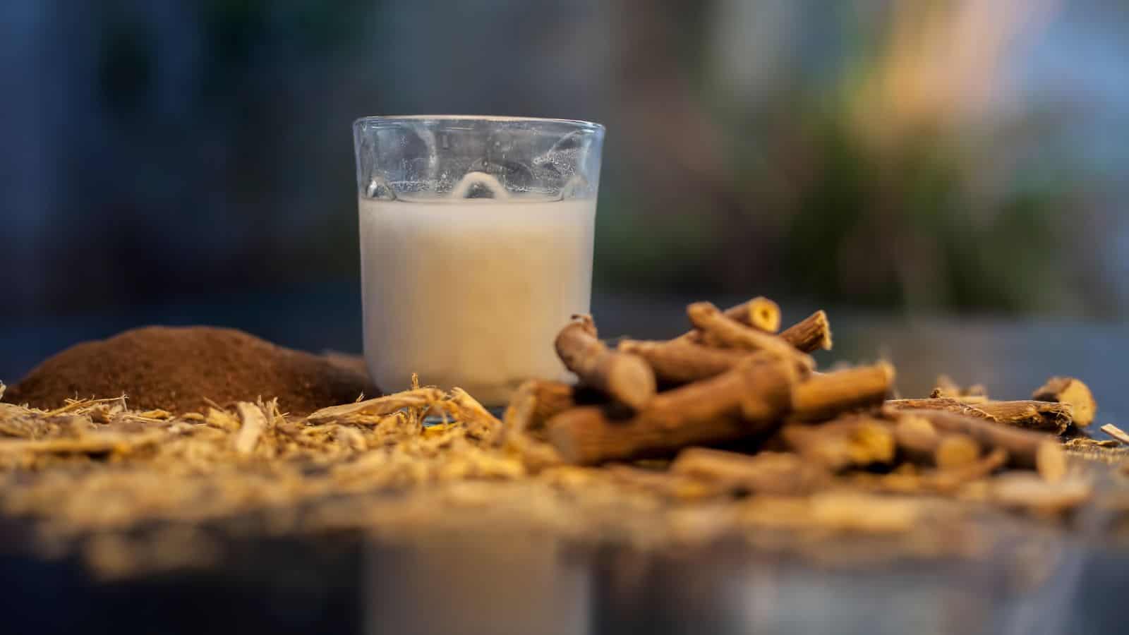 A glass of white liquid sits on a dark surface, surrounded by a pile of dried roots and shredded bark. The background is blurred, giving a focus on the glass and the natural elements around it.