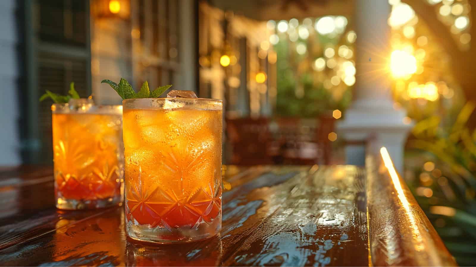 Two glasses with an orange and red beverage, garnished with mint, sit on a wooden table. The setting sun casts a warm glow over a patio area with blurred greenery and a white column in the background.