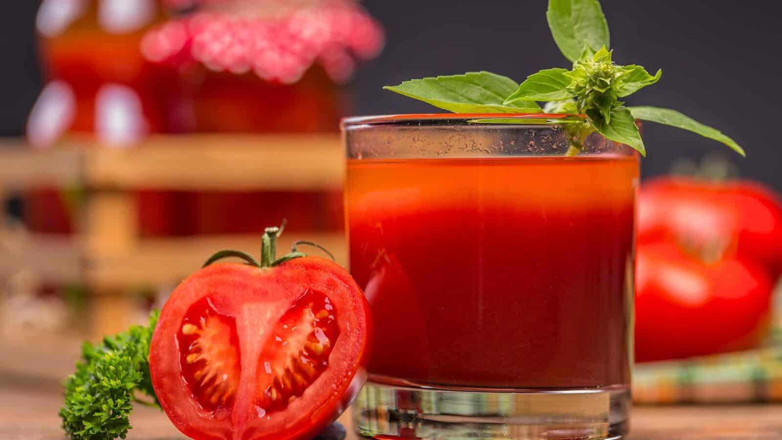 A glass of tomato juice garnished with a sprig of basil is placed next to a halved tomato and a bunch of parsley. In the background, blurred jars of preserves are visible.