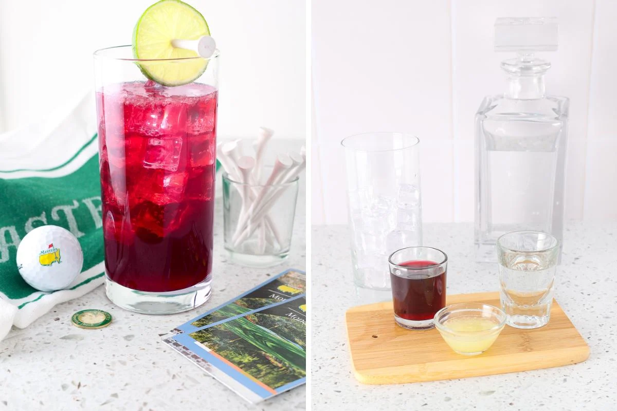 A two-part image. Left: A tall glass of red drink with ice and a lime slice on a counter with a golf towel, ball, cap, and magazine. Right: Ingredients for the drink, including syrup, lime juice, and a decanter of clear liquid, on a cutting board.