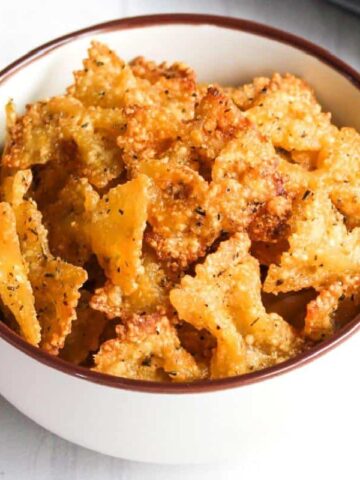 Pasta chips in a white bowl.