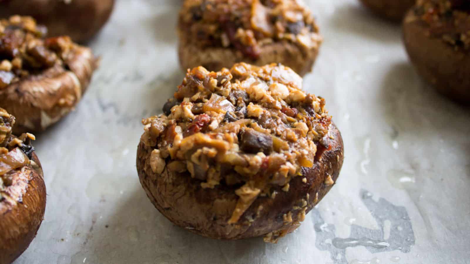 Close-up of stuffed mushrooms on a baking tray. The mushrooms are filled with a mixture of chopped ingredients, including nuts and herbs, with some visible oil on the tray. The surface appears slightly baked and textured.