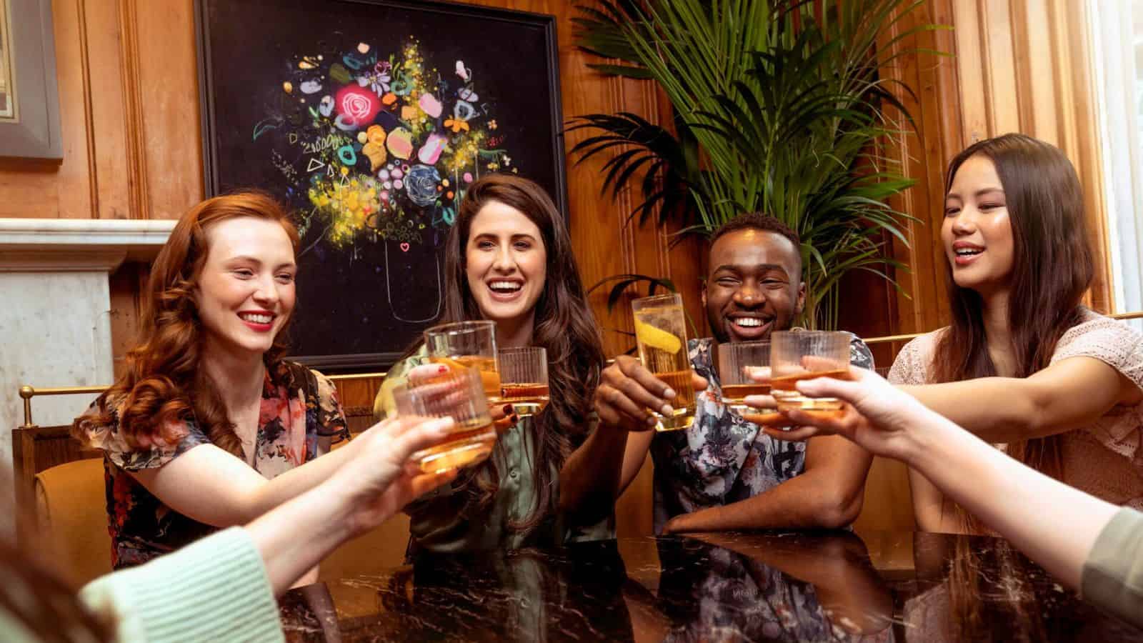 A group of people sit around a table, smiling and toasting with drinks in a cozy setting. A colorful, abstract painting hangs on the wooden wall behind them, and there are plants in the background.