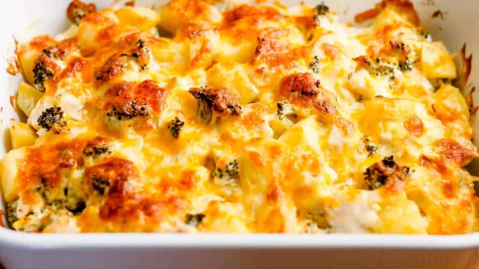 A chicken broccoli potato casserole in a baking dish.