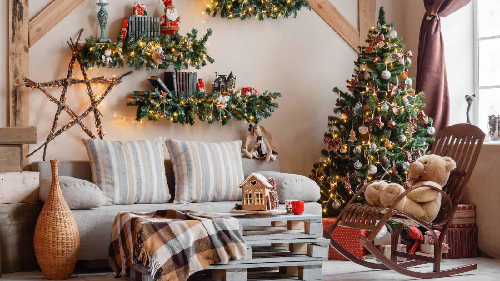 A cozy living room is decorated for Christmas with a sofa, plaid blanket, and pillows. A Christmas tree stands beside a rocking chair with a teddy bear. Shelves with books and ornaments are adorned with garlands and lights. A wicker vase sits on the floor.