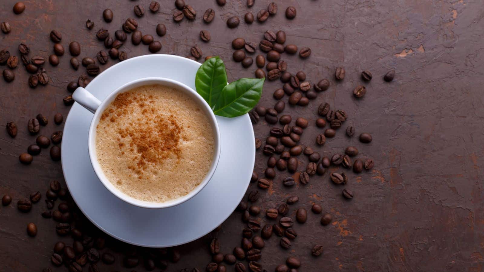A cup of frothy coffee sits on a white saucer, sprinkled with cinnamon. Coffee beans are scattered around on a brown textured surface. Two green leaves rest on the cup's edge.