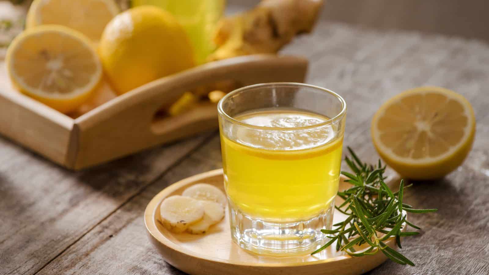 A glass of yellow juice sits on a wooden tray with sliced ginger and a sprig of rosemary. In the background, a wooden basket holds whole lemons and unpeeled ginger. A half lemon is placed on the table.