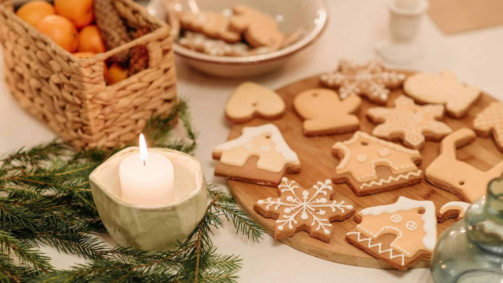 A table displays decorated gingerbread cookies on a wooden plate, beside a lit candle in a green holder. A basket of oranges and a dish with more cookies are in the background. Sprigs of greenery are placed decoratively around the items.