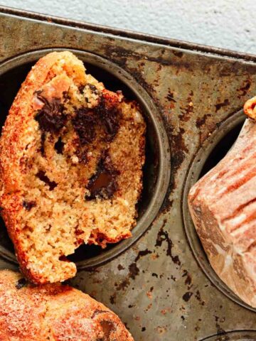 Chocolate chip muffins in a baking tray.