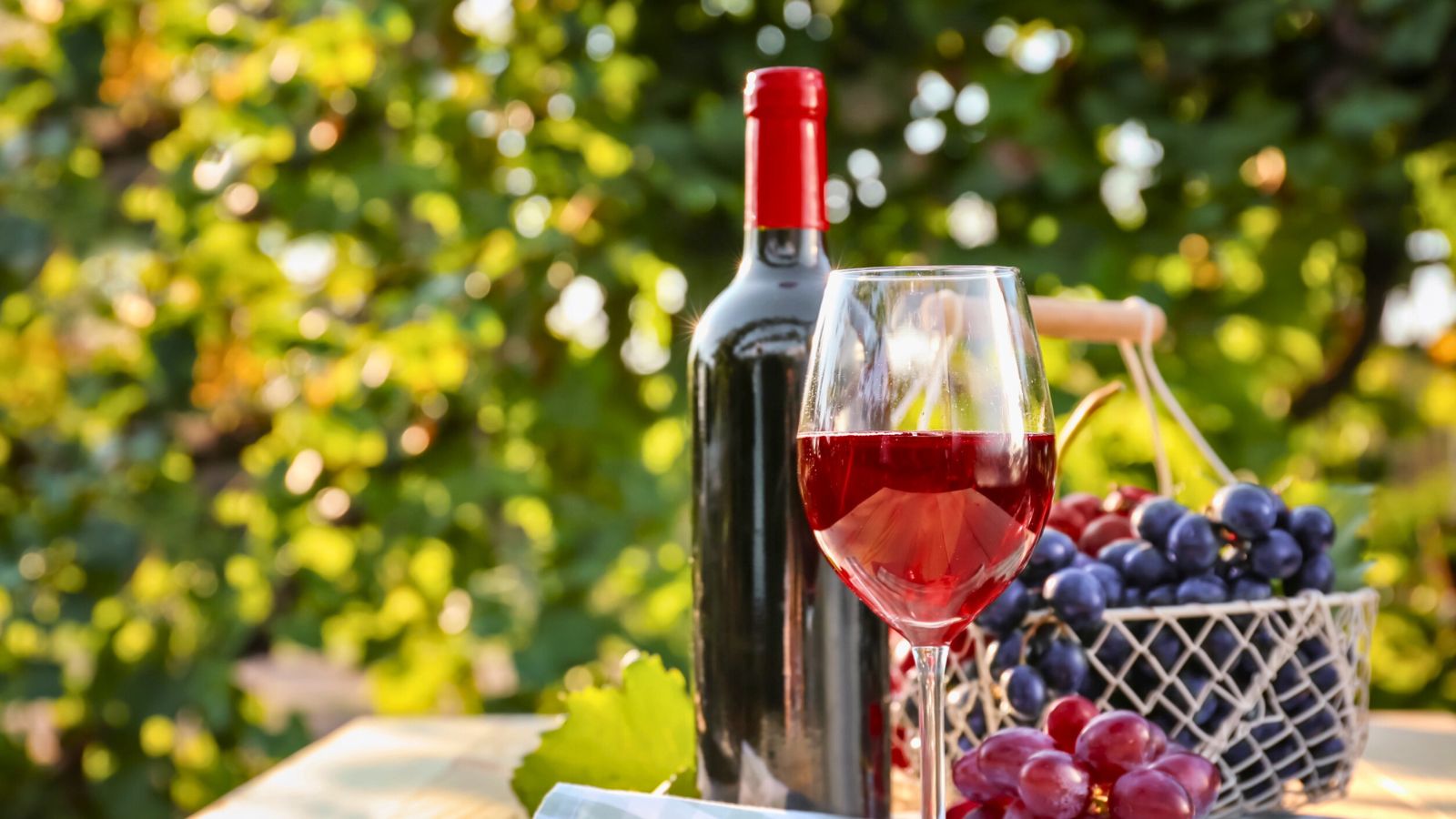A glass of red wine is placed on a wooden table alongside a bottle of wine. A basket filled with red and purple grapes is nearby. The background features lush greenery in soft focus, suggesting a vineyard or garden setting.