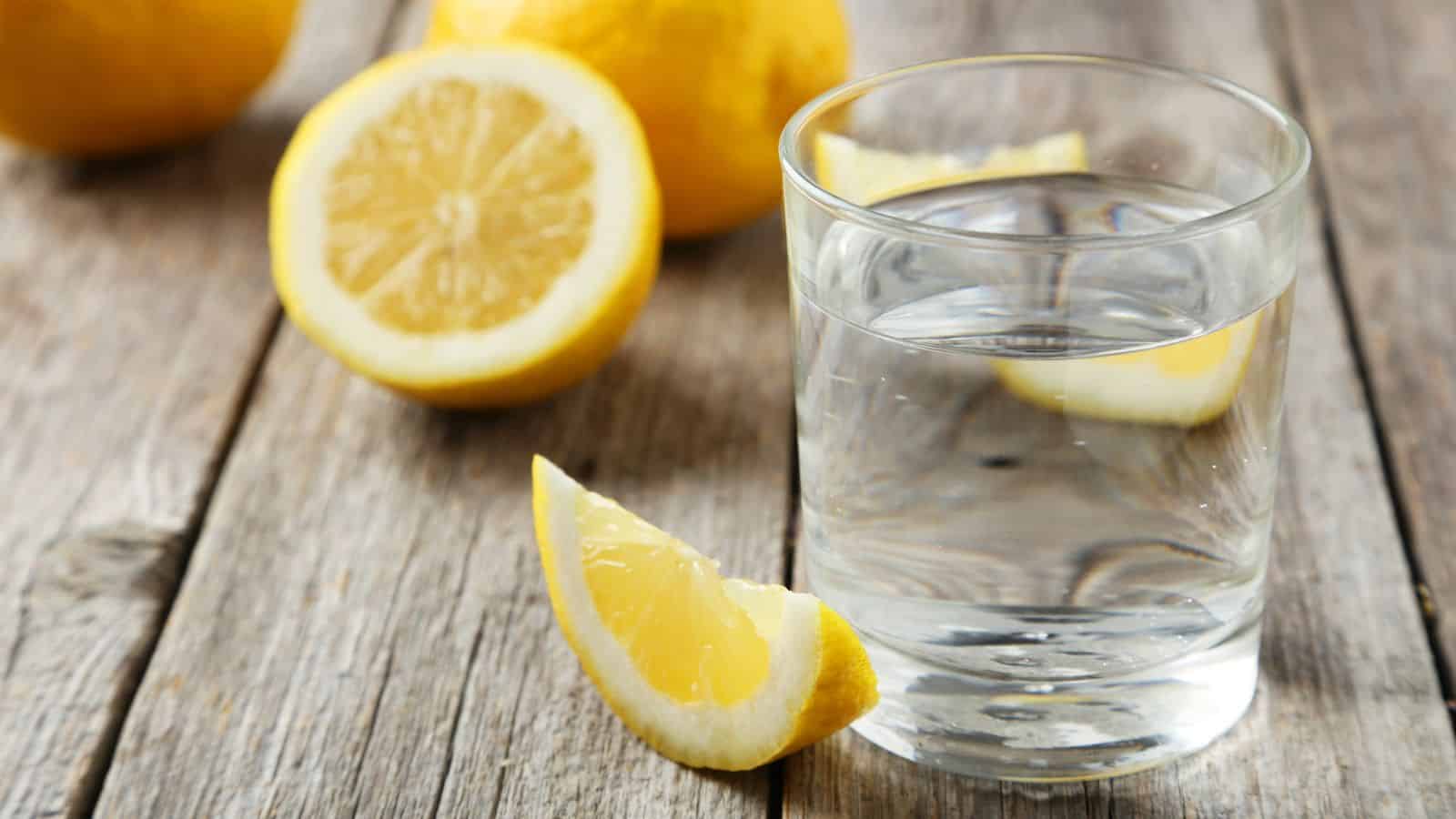 A glass of water with a lemon wedge on the rim is placed on a wooden surface. In the background, there are two whole lemons and one half lemon, all resting on the same wooden surface.