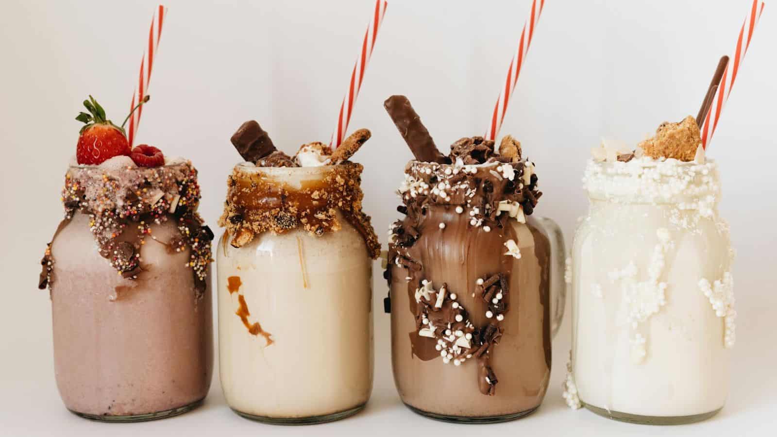 Four milkshakes in jars are lined up against a white background. Each shake is topped with various garnishes, including a strawberry, chocolate pieces, and sprinkles. Red and white striped straws are placed in each jar.