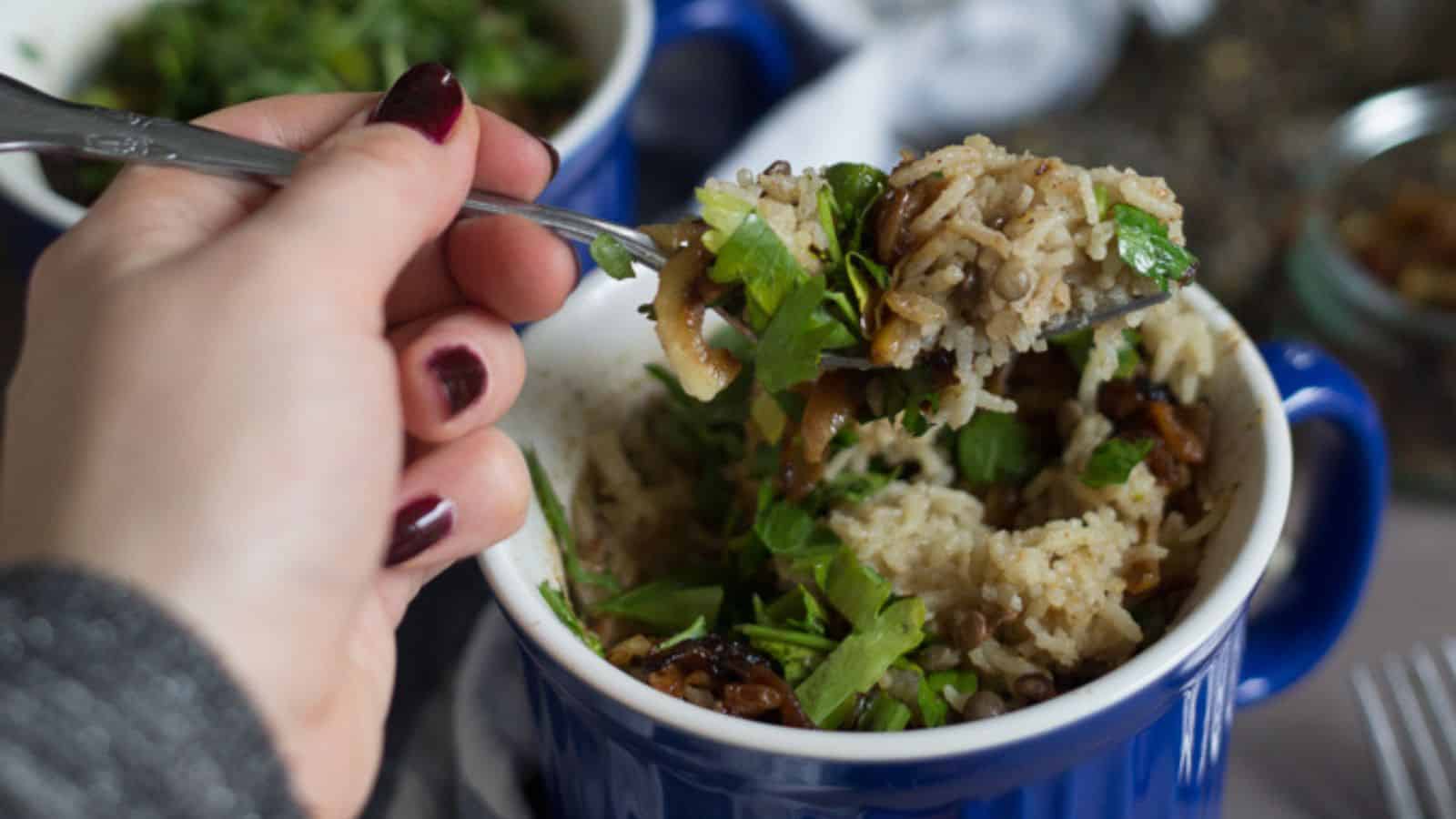 White casserole dish with middle eastern mujadara.
