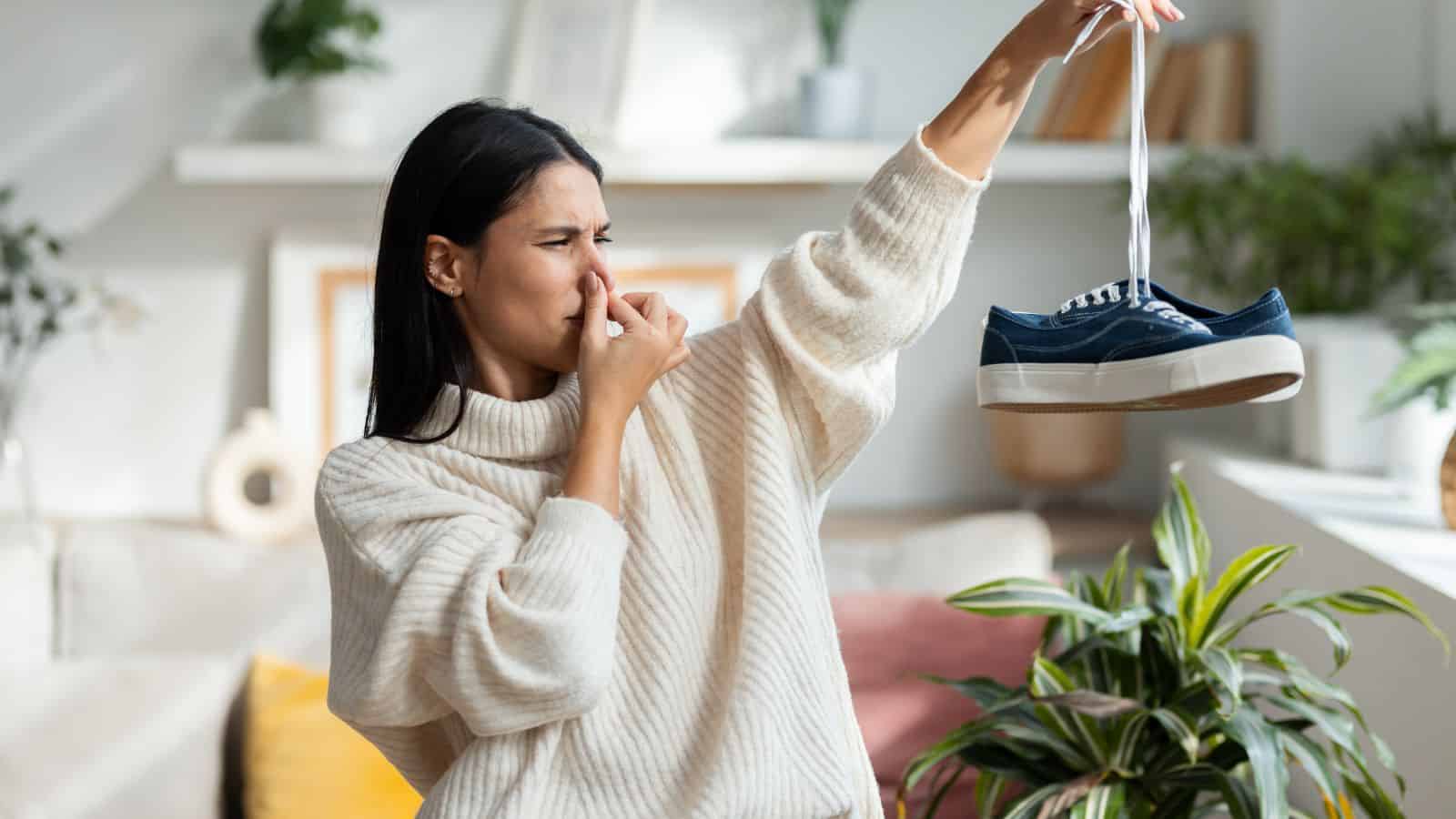 A woman in a beige sweater holds a blue sneaker with white laces at arm's length, pinching her nose. In her living room, surrounded by plants and shelves, she ponders surprising coffee grounds uses to tackle the shoe's odor.