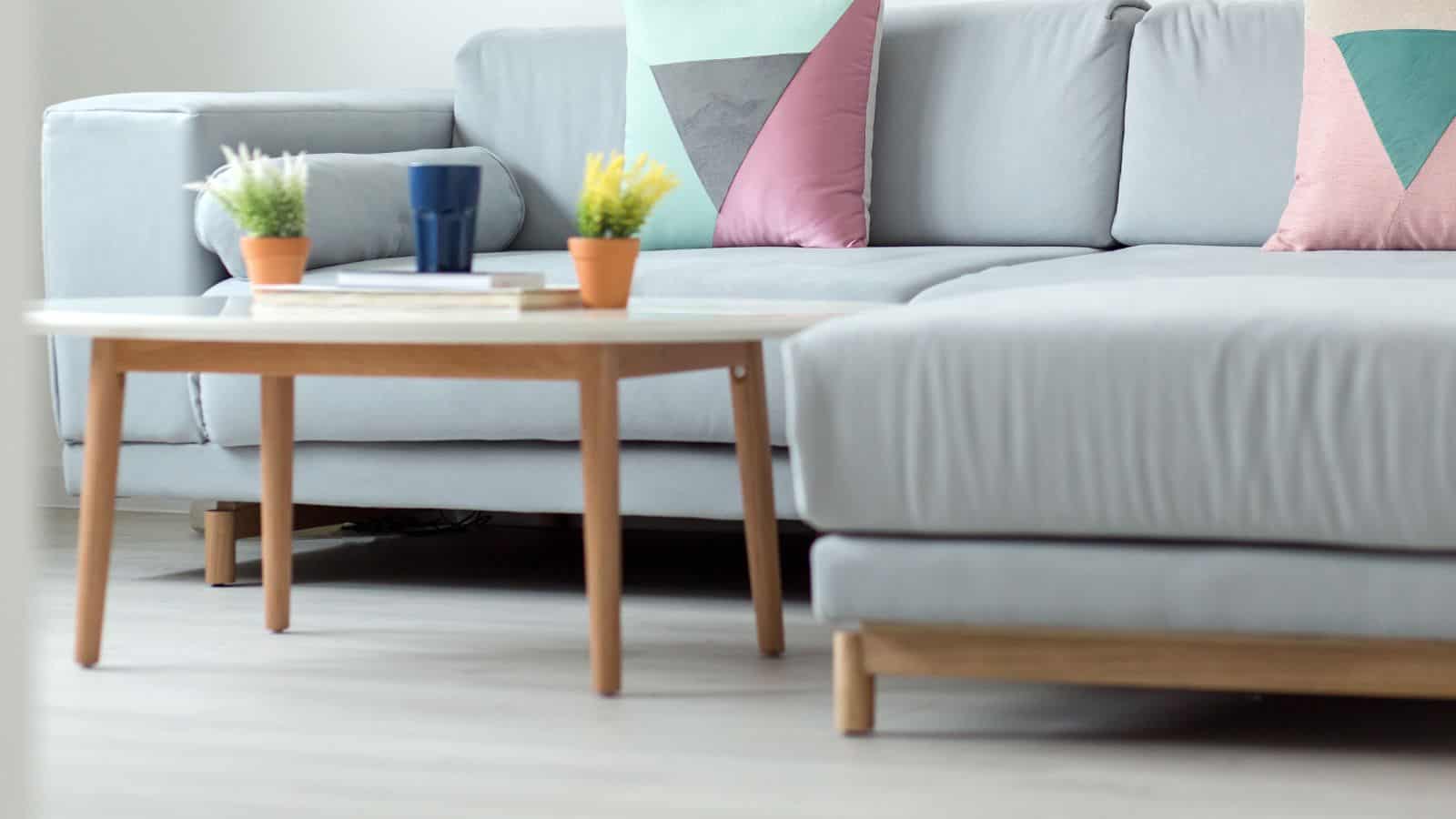 A gray sectional sofa with geometric-patterned pillows sits in a living room. In front of it, there is a wooden coffee table with a blue mug, two small potted plants, and a couple of books. The floor is light-colored wood.