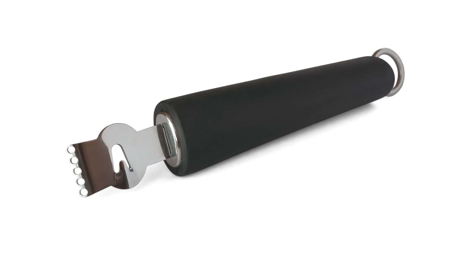 A black-handled zester with a metal head featuring small, round holes for zesting citrus fruits. There is a loop at the end of the handle for hanging.